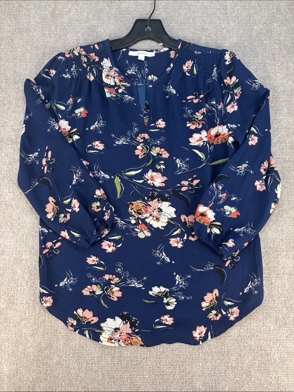 fun 2 fun Women's Navy Floral Smocked-Yoke Gathered Sleeve Blouse Size XS NWOT